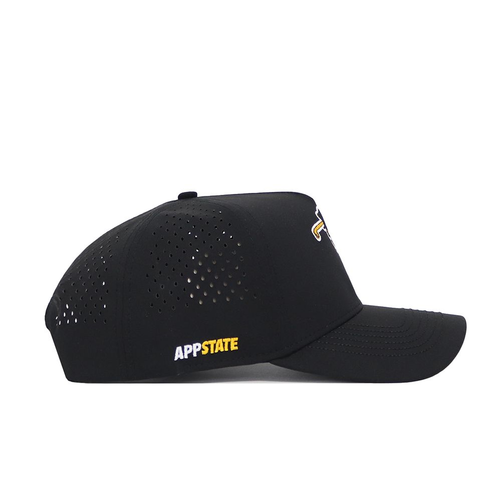 The No Rivals App State Golf Hat in black features a structured fit, side ventilation holes, a curved brim, and "APPSTATE" embroidered in white and yellow near the back.