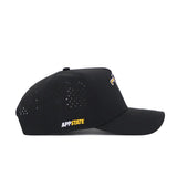 The No Rivals App State Golf Hat in black features a structured fit, side ventilation holes, a curved brim, and "APPSTATE" embroidered in white and yellow near the back.