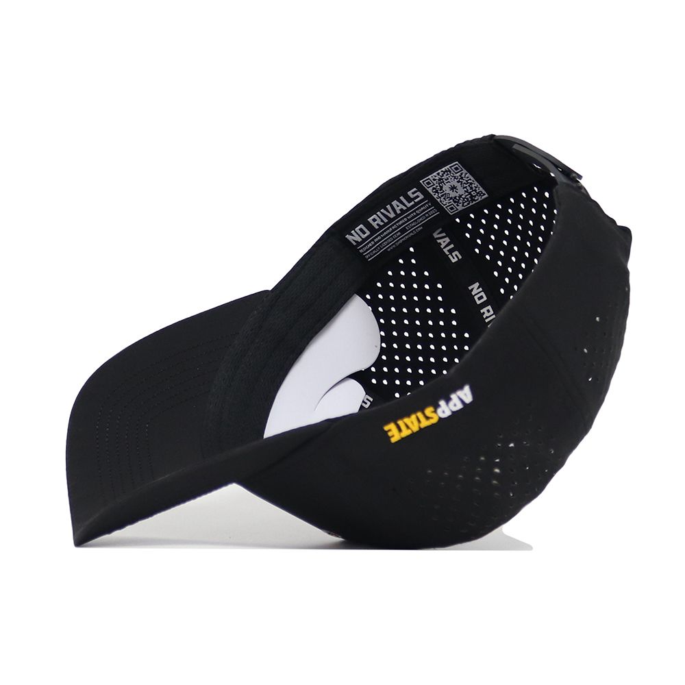 The App State Golf Hat - Black by No Rivals features a curved brim, perforated inner panels, and "NO RIVALS" plus "APF STATE" printed inside the band for a structured fit.