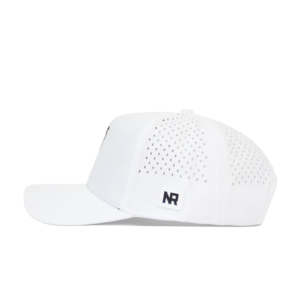 The App State Golf Hat - White by No Rivals is a white snapback with a structured fit, side ventilation holes, and a small rectangular NR logo patch near the brim. Made from a polyester-cotton blend for comfort and durability.