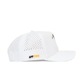 Side view of the No Rivals App State Golf Hat in white, featuring perforated panels, a black and yellow embroidered APP STATE logo on the side, and part of another logo on the front. Made from a comfortable polyester-cotton blend.