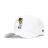 The No Rivals App State Golf Hat - White features an embroidered golfer on the front, a black NR logo on the side, a structured fit, polyester-cotton blend fabric, and perforated panels for added ventilation.