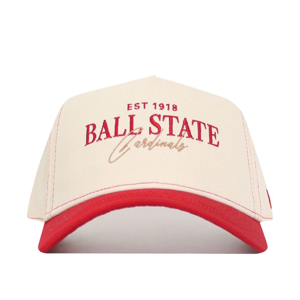 The No Rivals Ball State Vintage Hat is a beige and red snapback featuring "EST 1918 BALL STATE Cardinals" embroidered in red and tan, made from quality cotton for a comfortable, structured fit.