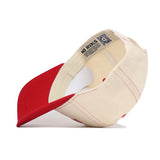 The Ball State Vintage Hat by No Rivals—cream and red snapback shown inside-out, featuring neat stitching, a red brim, and a NO RIVALS inner band label—crafted from high-quality cotton with a structured fit.