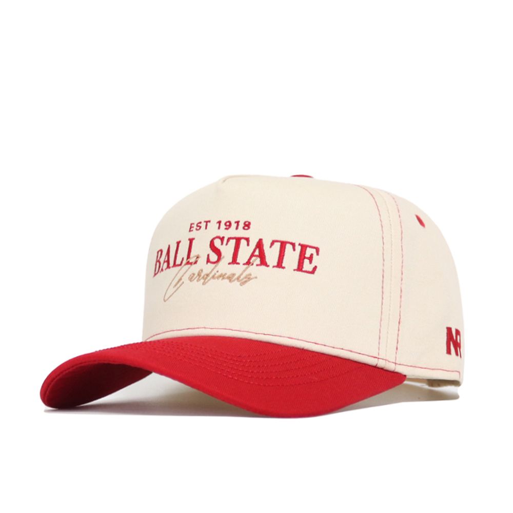 The No Rivals Ball State Vintage Hat is a structured cream and red snapback with "EST 1918 BALL STATE Cardinals" in red and gold on the front, a curved brim with red bill and button, and made from high-quality cotton.