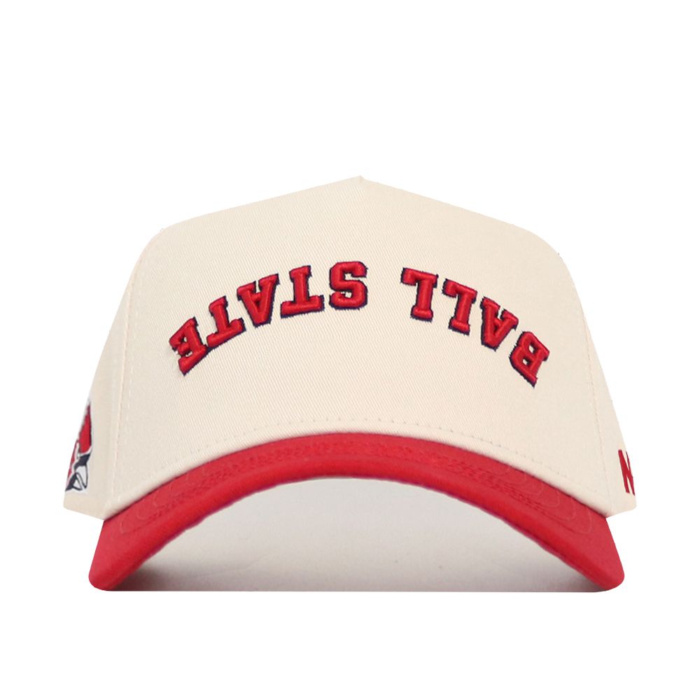 The No Rivals Upside Down Ball State Hat is a cream snapback with a red brim, BALL STATE in red on the front, a cardinal logo on the side, and made from high-quality cotton for a structured fit.
