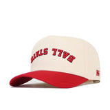 The No Rivals Upside Down Ball State Hat is a cream snapback with a red brim, red embroidered BALL STATE text on the front, high-quality cotton construction, structured fit, and a small red N logo on the side.