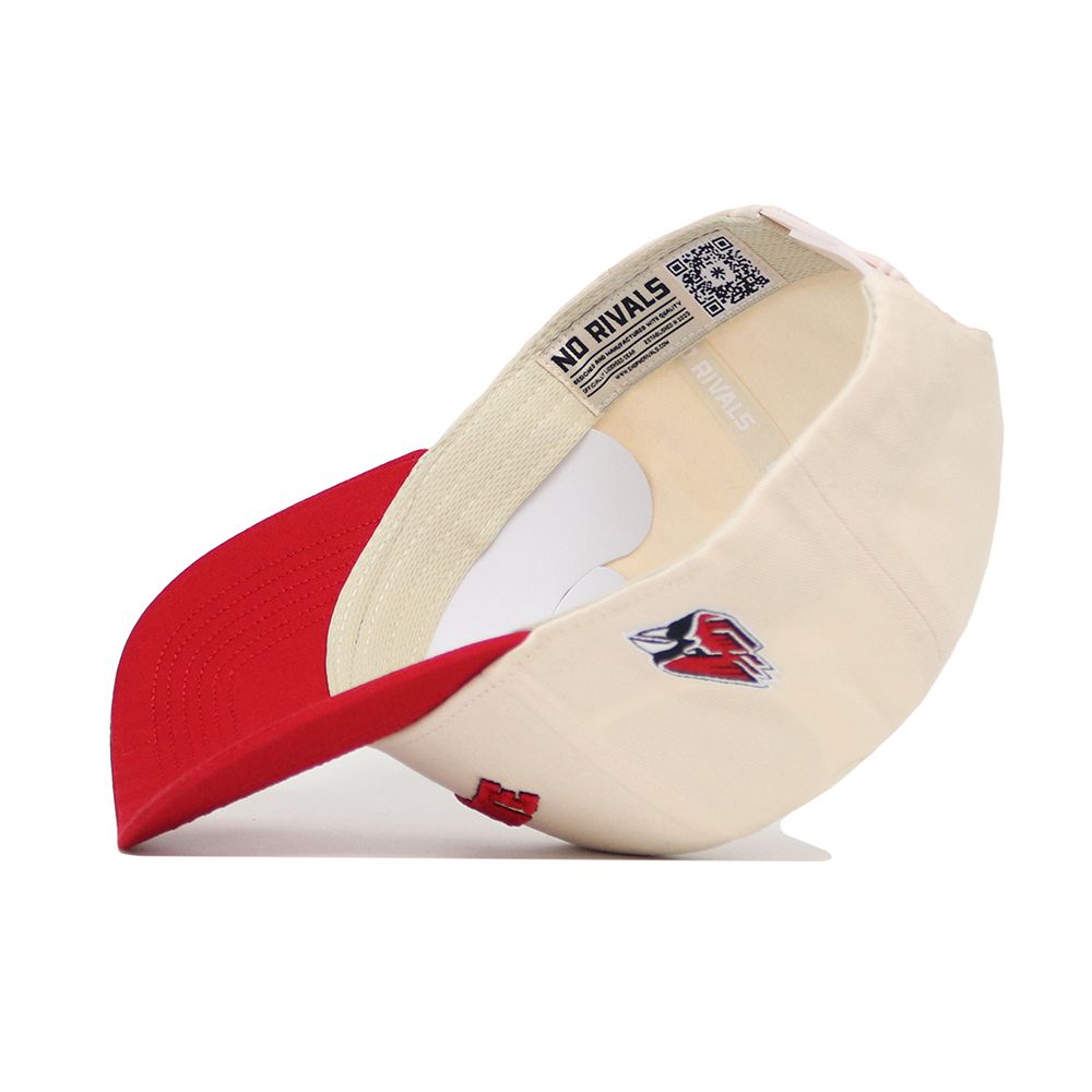 The Upside Down Ball State Hat by No Rivals is a cream and red snapback made of high quality cotton. Shown from the underside, it features a stitched bird logo, a QR code on the inner band, and an inside label reading NO RIVALS.