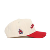 The No Rivals Upside Down Ball State Hat is a cream snapback with a red brim, red front embroidery, and a red, white, and black number 4 patch on the left side. Made from high-quality cotton for a structured fit.