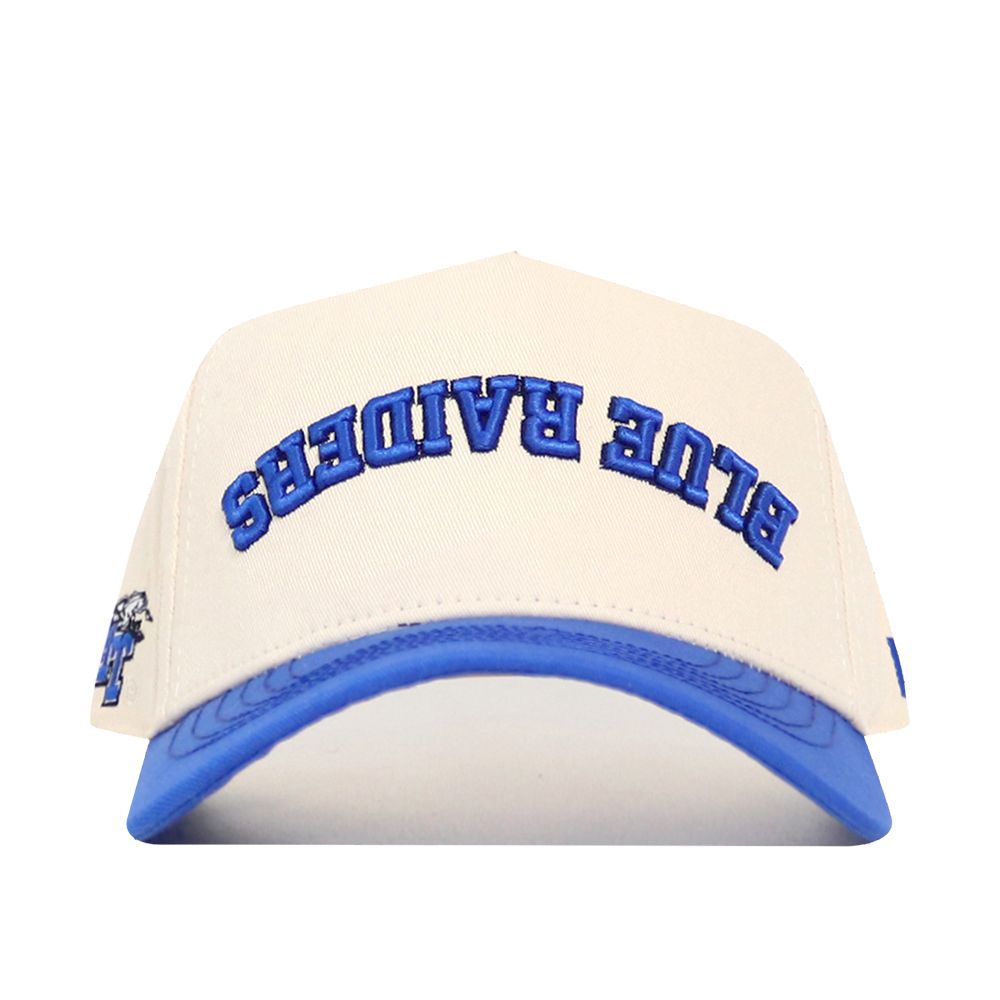 The No Rivals Upside Down Blue Raiders Hat - Middle Tennessee features a white cap with a blue brim, bold BLUE RAIDERS text on the front, high-quality cotton material, and an adjustable snap back for the perfect fit.