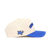 The No Rivals Upside Down Blue Raiders Hat - Middle Tennessee is a cream cotton cap with a blue bill, “SCH” in blue on the side, and an embroidered MT logo with a horse on the left front panel.