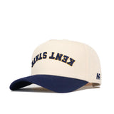 The Upside Down Kent State Hat - Classic Colors by No Rivals is a cream snapback with a navy brim, featuring "KENT STATE" in navy and gold across the front and "NR" stitched on the left side of the structured brim. Made from high quality cotton.