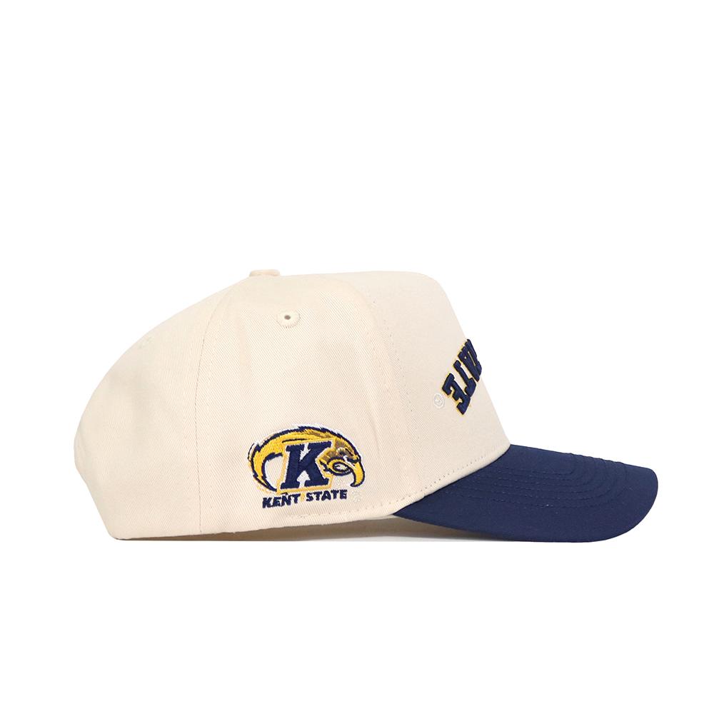The Upside Down Kent State Hat - Classic Colors by No Rivals is a cream snapback with a navy brim, featuring the Kent State University logo, a golden eagle head, "Kent State" embroidered in blue, and made from high-quality cotton.