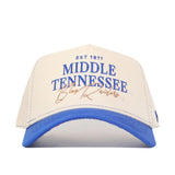 The No Rivals Middle Tennessee Vintage Hat is a cream and blue licensed snapback featuring "EST 1911 MIDDLE TENNESSEE Blue Raiders" in blue and gold lettering on the front.