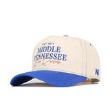 The No Rivals Middle Tennessee Vintage Hat is a cream and blue cotton cap with "MIDDLE TENNESSEE EST 1911" and a signature on the front. This adjustable classic baseball hat has a blue bill, stitching details, and sporty style.