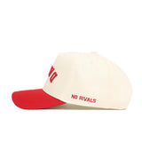 The Upside Down DAWGS Hat - Georgia - Classic Colors by No Rivals is a white cap with a red brim and "NO RIVALS" embroidered in red on the side. The snapback adjustment ensures a great fit for gameday.