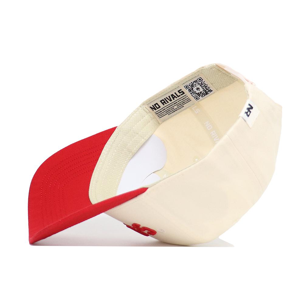 The Upside Down DAWGS Hat - Georgia - Classic Colors by No Rivals is a beige cap with a red brim, snap back adjustment, “NO RIVALS” inside label with QR code, and a small white tag with black logo on the back.