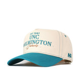 The UNC Wilmington Vintage Hat by No Rivals features beige and teal colors, "EST 1947 UNC WILMINGTON Seahawks" embroidered front, NR on the side, a curved teal brim, and high quality cotton for a comfortable, structured fit.