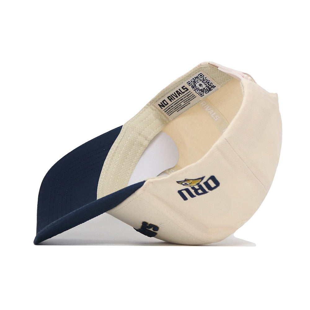 The Upside Down Oral Roberts Hat - Classic Colors by No Rivals is shown inside out, revealing the NO RIVALS label and a QR code. The exterior displays an embroidered ODU logo and a small lion head for a structured snapback fit.