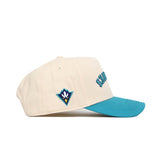 Side view of the Upside Down Seahawks Hat - UNCW - Classic Colors by No Rivals: cream-colored with a teal brim, embroidered front letters, a colorful bird logo on the side, and a structured snapback design in high-quality cotton.
