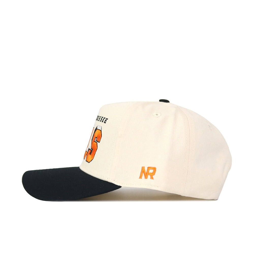 The Tennessee Alma Mater Hat - Blackout by No Rivals features a cream crown, black brim, orange NR side embroidery, orange and black front text and numbers, high-quality cotton construction, and an adjustable snapback for the ideal fit.
