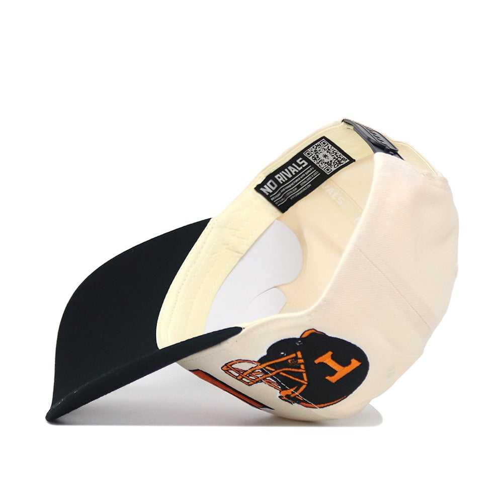 The Tennessee Alma Mater Hat - Blackout by No Rivals features a cream crown, black brim, navy football helmet with orange "H" on the side, and a NO RIVALS label inside. Made from quality cotton with snapback adjustment for a perfect fit.