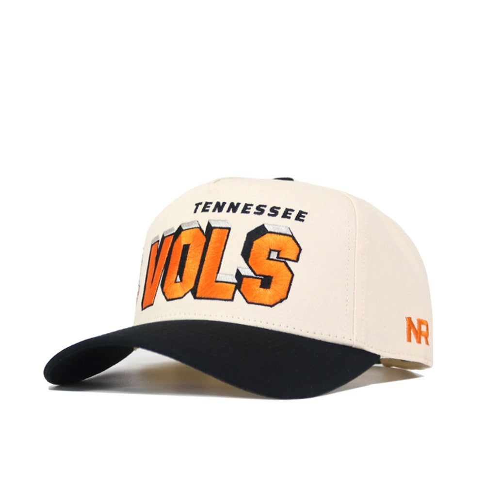 The No Rivals Tennessee Alma Mater Hat - Blackout features a cream and black design, high-quality cotton, TENNESSEE above VOLS in bold orange on the front, an orange NR logo on the side, and an adjustable snap back for a perfect fit.