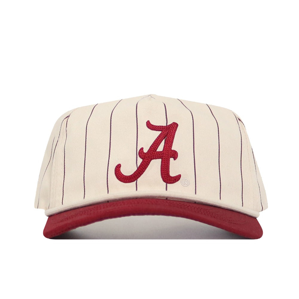 The No Rivals Alabama Pinstripe Hat features a cream base with thin maroon stripes, a bold maroon "A" on the front, matching brim, and an unstructured soft cotton design.