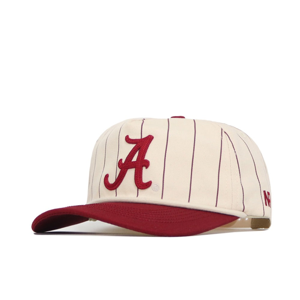 The Alabama Pinstripe Hat by No Rivals features thin maroon pinstripes, a large maroon A on the front, a matching maroon bill, and an unstructured cotton fit.