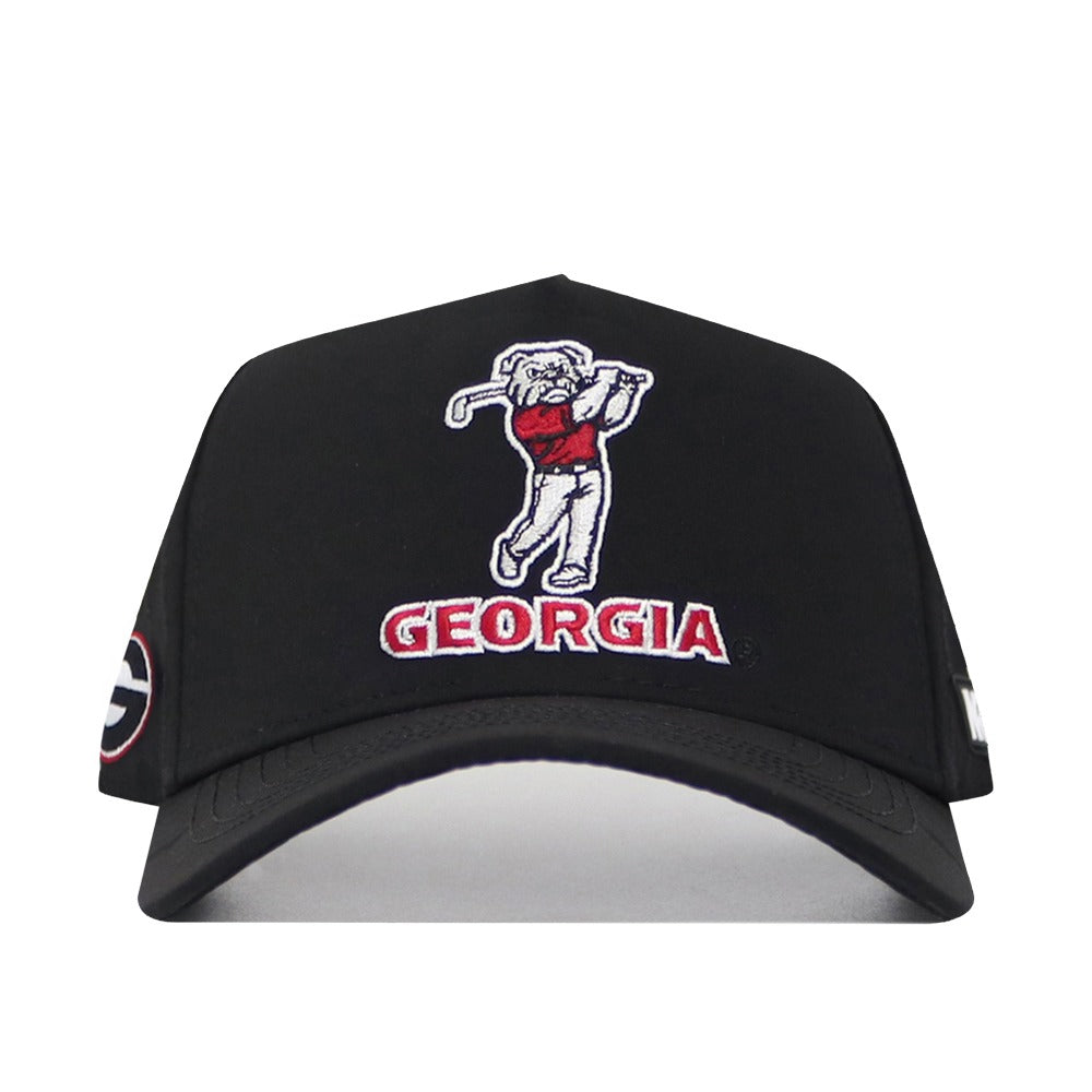 The No Rivals Georgia Bulldogs Golf Hat - Black features an embroidered bulldog swinging a golf club above "GEORGIA" in red and white, with a side logo. Made from a polyester-cotton blend, this adjustable cap blends comfort and team pride.