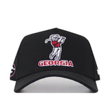 The No Rivals Georgia Bulldogs Golf Hat - Black features an embroidered bulldog swinging a golf club above "GEORGIA" in red and white, with a side logo. Made from a polyester-cotton blend, this adjustable cap blends comfort and team pride.