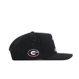 The No Rivals Georgia Bulldogs Golf Hat in black features an adjustable fit, polyester-cotton blend, perforated side panels, flat brim, white front text, and a white, red, and black G logo outlined in red on the side.