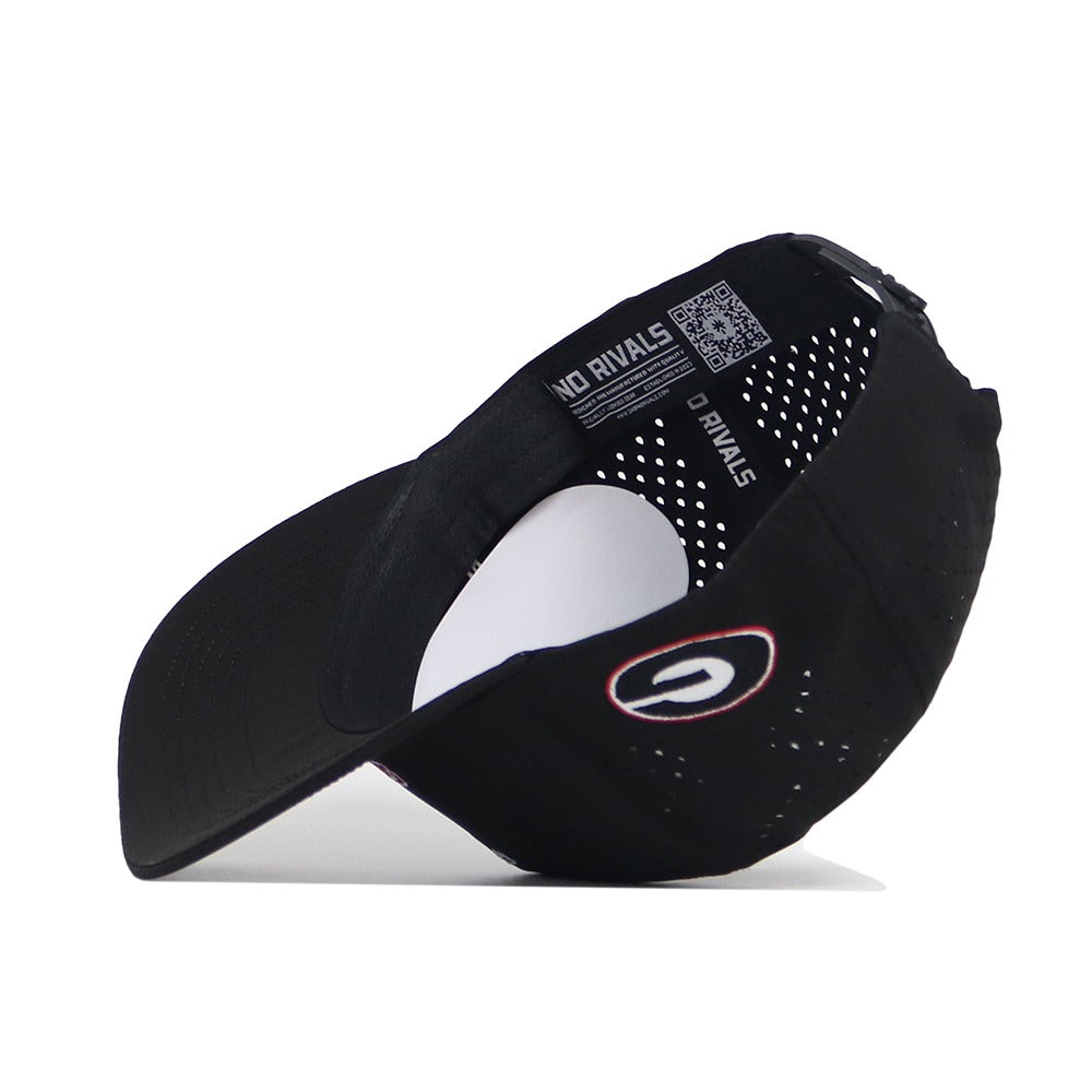 The No Rivals Georgia Bulldogs Golf Hat in black features a curved brim, perforated back panels, adjustable strap, polyester-cotton blend, “NO RIVALS” text inside, and an embroidered red and white outlined G logo on the front.