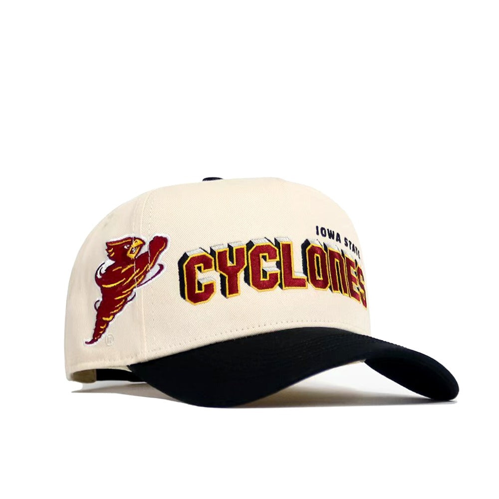 The No Rivals Iowa State Punching Cy Alma Mater Hat - Classic is a cream snapback with black brim, featuring red and gold Iowa State Cyclones logo and text on front. Made of high-quality cotton for comfort and a structured fit.