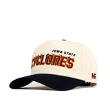 The Iowa State Punching Cy Alma Mater Hat - Classic by No Rivals is a beige, structured-fit snapback cap with a black brim, "Cyclones" in bold red/yellow and "Iowa State" above it, made from high-quality cotton with NR on the side.