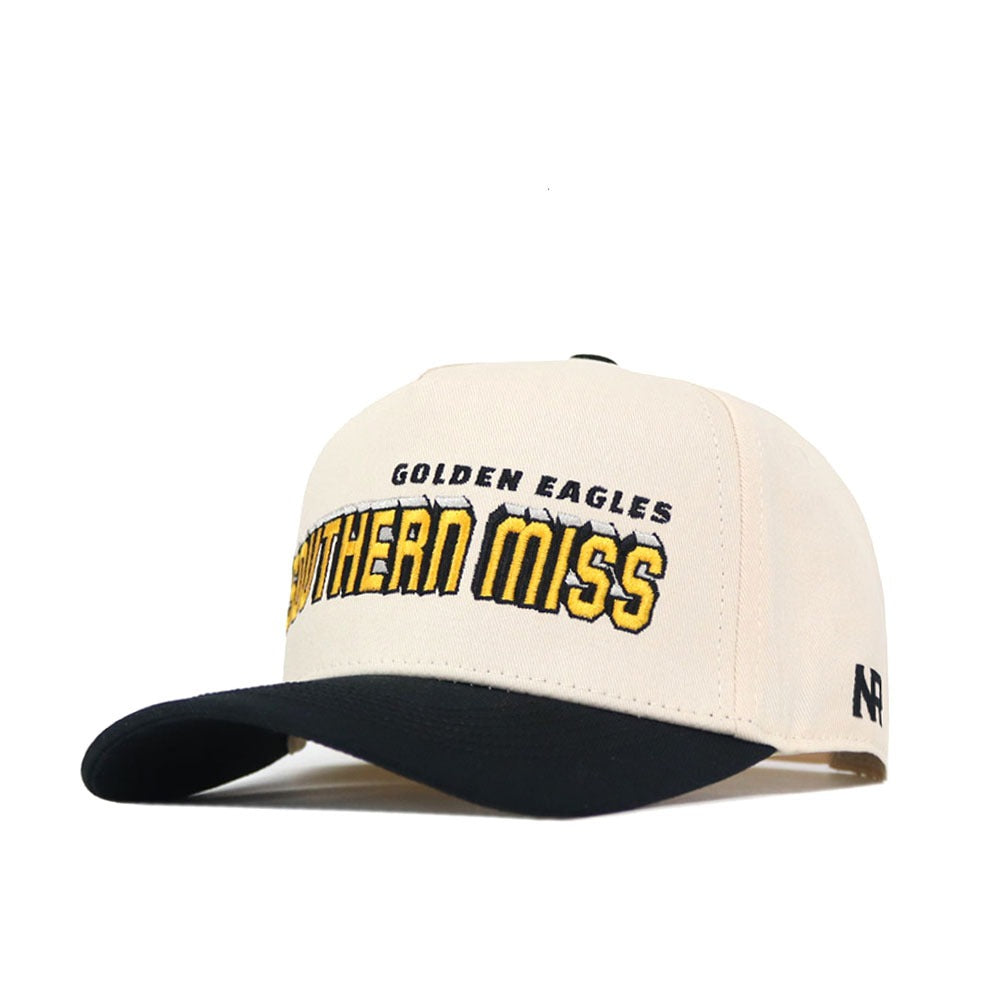 The Southern Miss Alma Mater Hat by No Rivals is cream with a black brim, features GOLDEN EAGLES SOUTHERN MISS embroidered in black and gold on the front, NR on the side, and has an adjustable snap back closure.