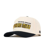 The Southern Miss Alma Mater Hat by No Rivals is cream with a black brim, features GOLDEN EAGLES SOUTHERN MISS embroidered in black and gold on the front, NR on the side, and has an adjustable snap back closure.
