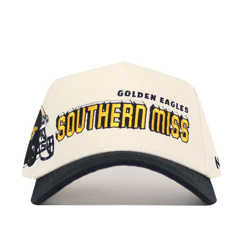 The No Rivals Southern Miss Alma Mater Hat is a white and black snapback featuring yellow and black "GOLDEN EAGLES" and "SOUTHERN MISS" embroidery, a football helmet graphic on the side, and official licensed logos.