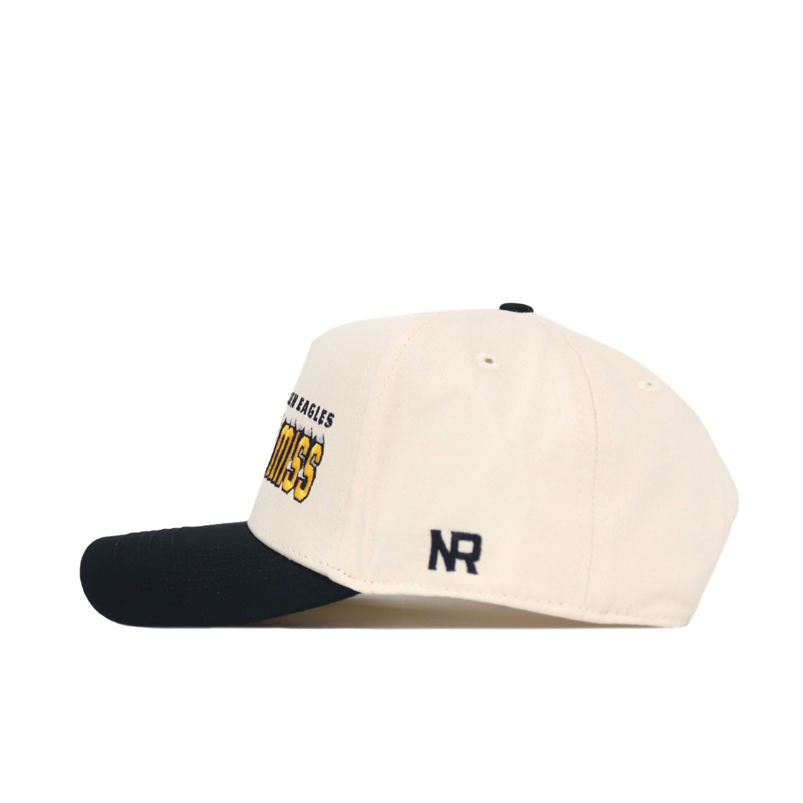 The Southern Miss Alma Mater Hat by No Rivals is a cream baseball cap with a black brim, side embroidery, and an NR logo near the back. This officially licensed snapback is shown from the side on a white background.