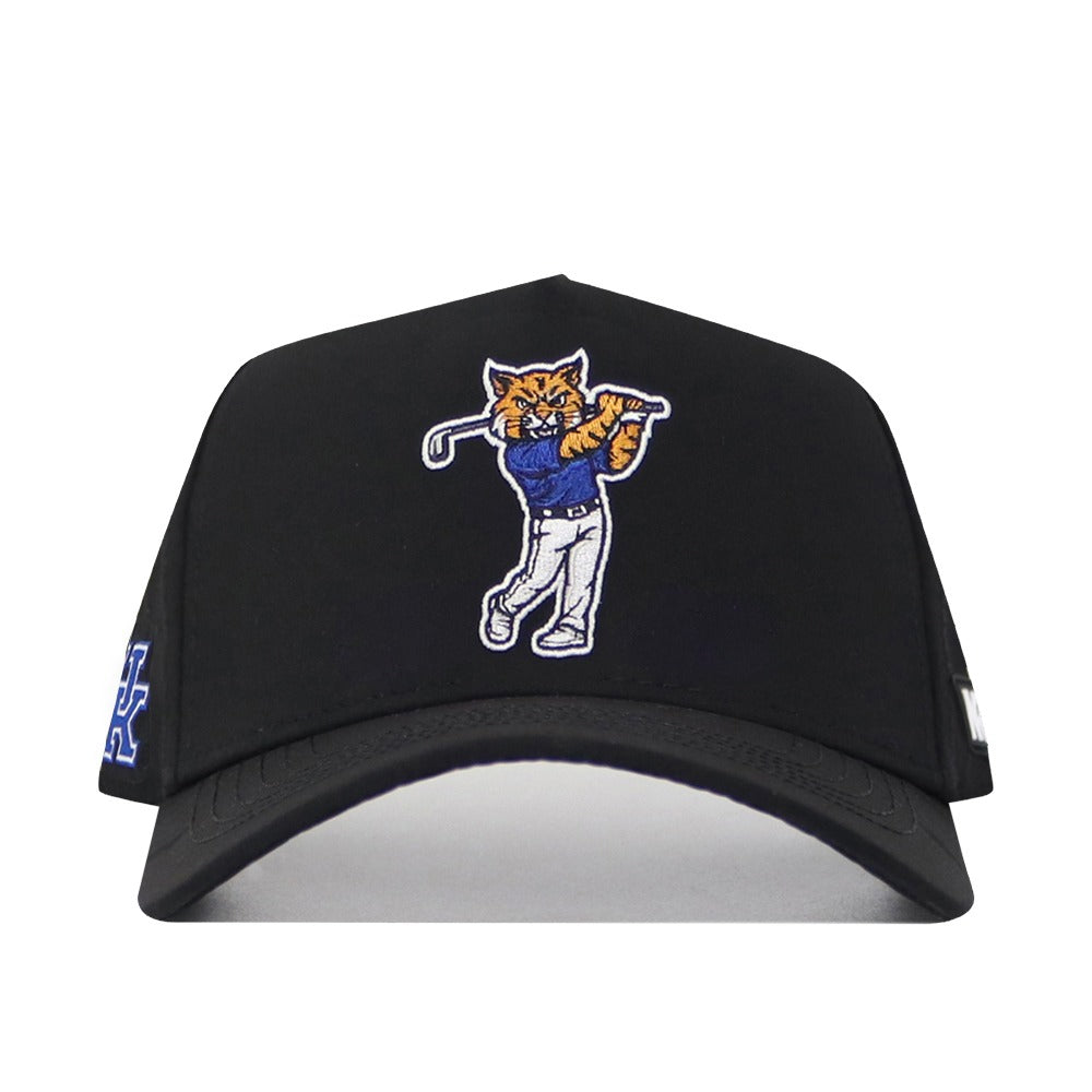 The No Rivals Kentucky Golf Hat – Black features an embroidered wildcat swinging a golf club on the front, blue and white logo detail on the side, and a snapback closure for a custom Gameday Fit.