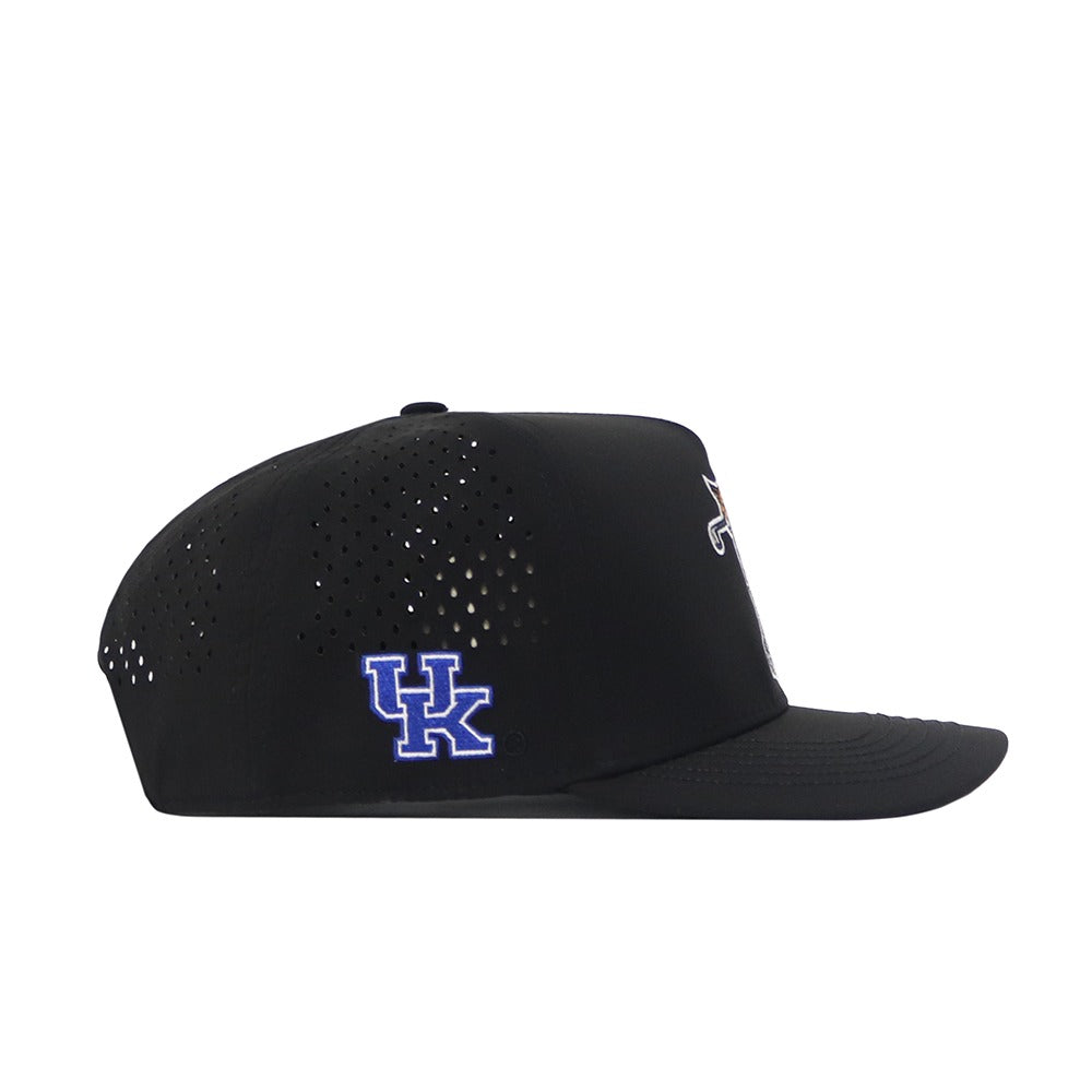 The No Rivals Kentucky Golf Hat in black features side ventilation holes, a blue and white University of Kentucky UK logo on the left, a partially visible embroidered front logo, and a snapback closure for a perfect fit.