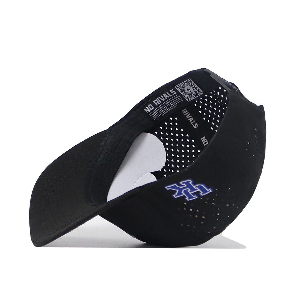 The Kentucky Golf Hat - Black by No Rivals is flipped upside down, revealing its inside lining, ventilation holes, and a white H with blue outline on the side. The inner band says NO RIVALS—a perfect gameday fit.