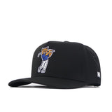 The No Rivals Kentucky Golf Hat - Black features an embroidered cartoon cat in a blue shirt swinging a golf club, flat brim, white NR logo on the side, and snap back closure for an adjustable fit.
