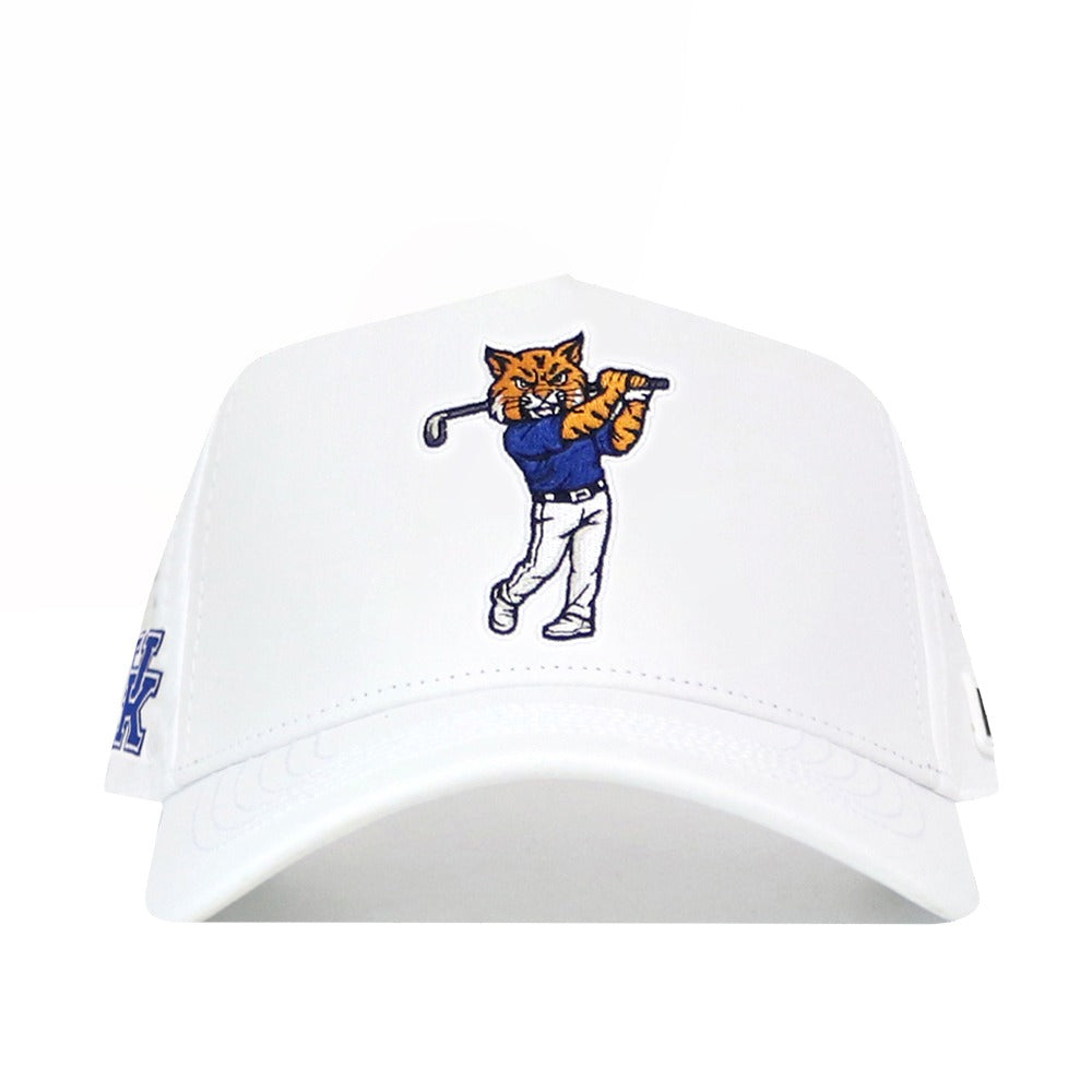 The No Rivals Kentucky Golf Hat - White features an embroidered cartoon wildcat in a blue shirt and white pants swinging a golf club on the front, plus a snap back closure for the perfect Gameday Fit.