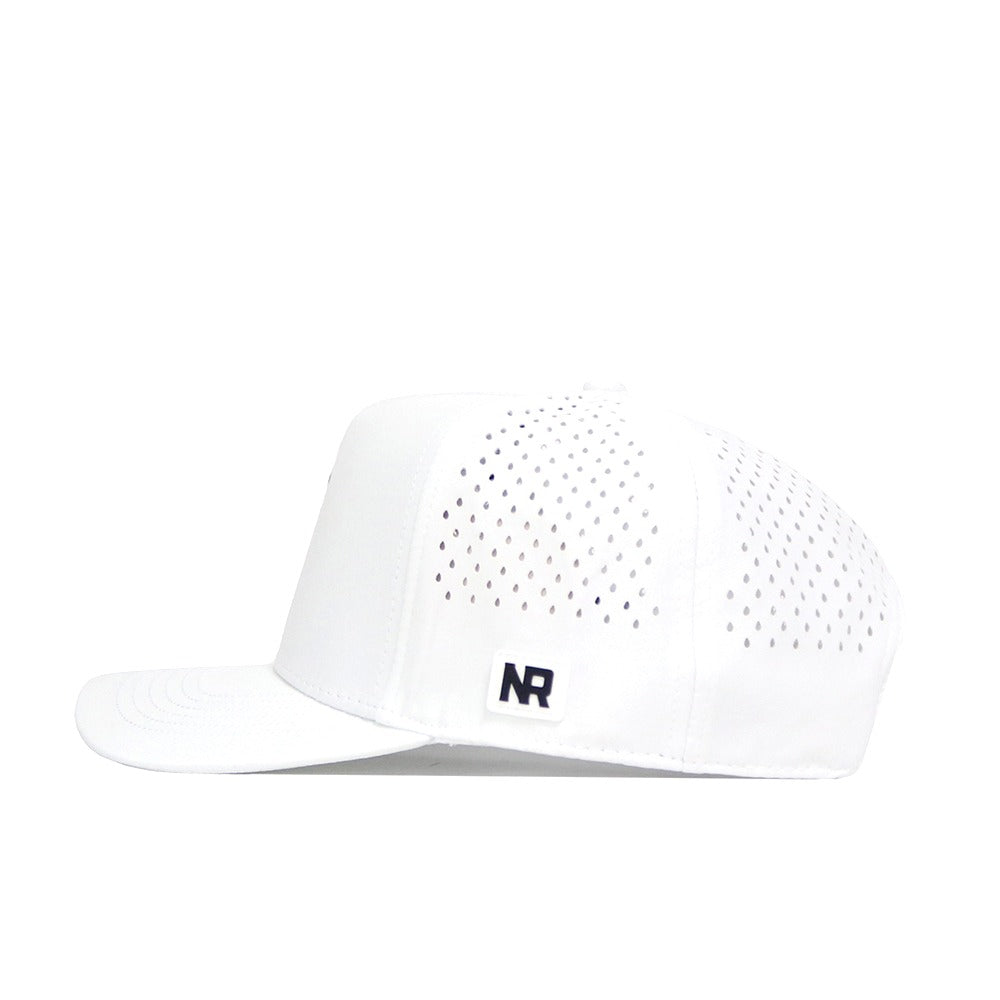 The No Rivals Kentucky Golf Hat in white features side panel perforations, a black NR logo patch above the brim, and an adjustable snapback closure for a perfect fit.