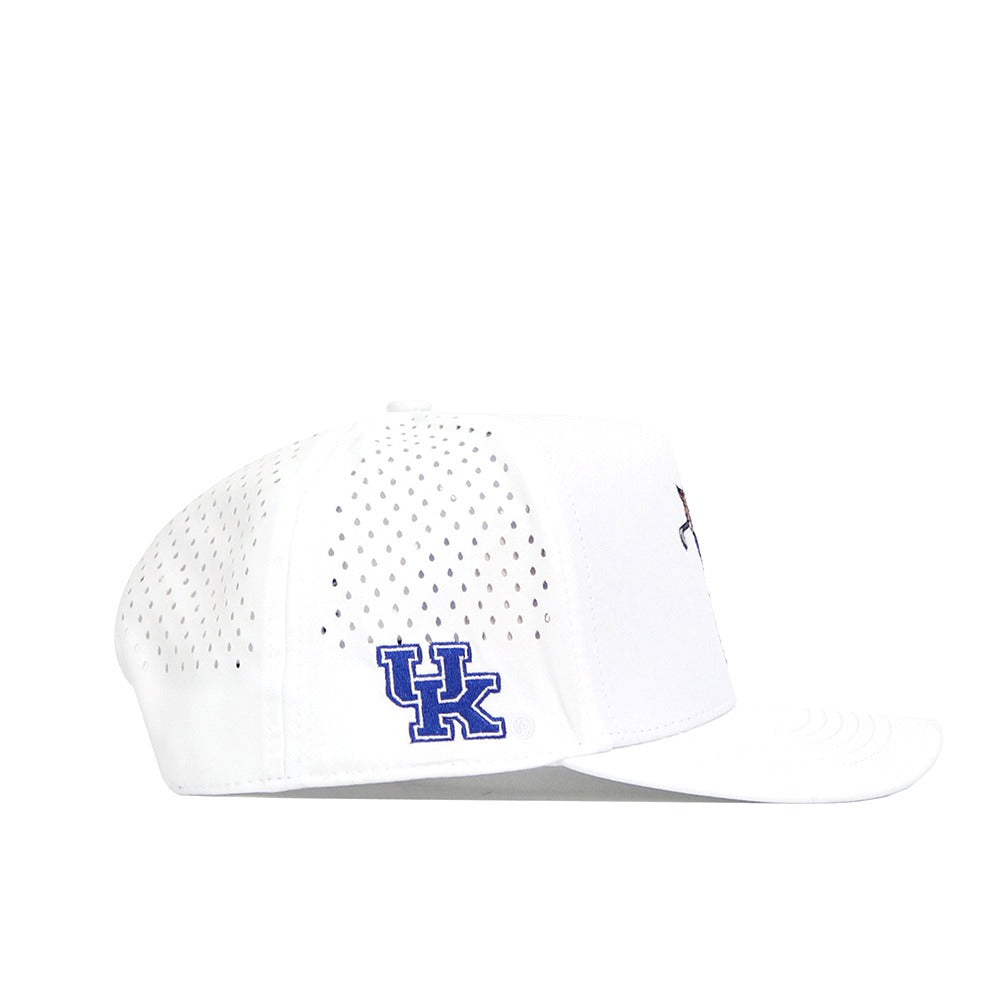 The No Rivals Kentucky Golf Hat in white features mesh ventilation holes, a blue embroidered UK logo on the side, and a snapback closure for an adjustable fit. Shown from the side against a plain white background.