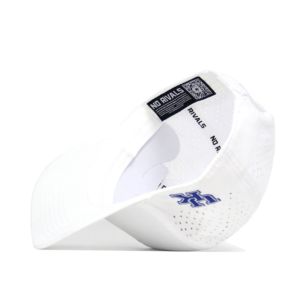 The Kentucky Golf Hat - White by No Rivals features "NO RIVALS" printed on the inner band and a blue embroidered logo on the brim—making it perfect to top off your Gameday Fit.