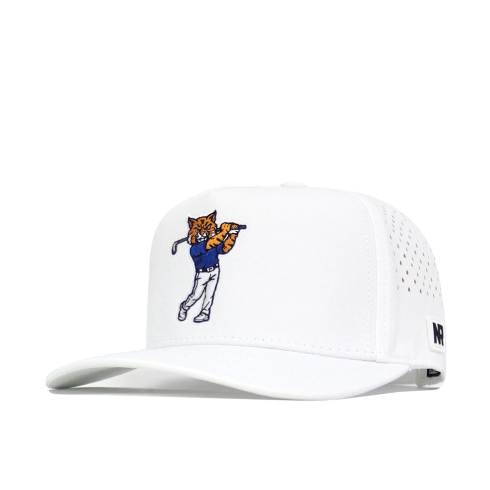 The No Rivals Kentucky Golf Hat - White features an embroidered orange cat in a blue shirt and white pants swinging a golf club. It offers ventilation holes, a flat brim, and a snapback closure for the perfect Gameday Fit.