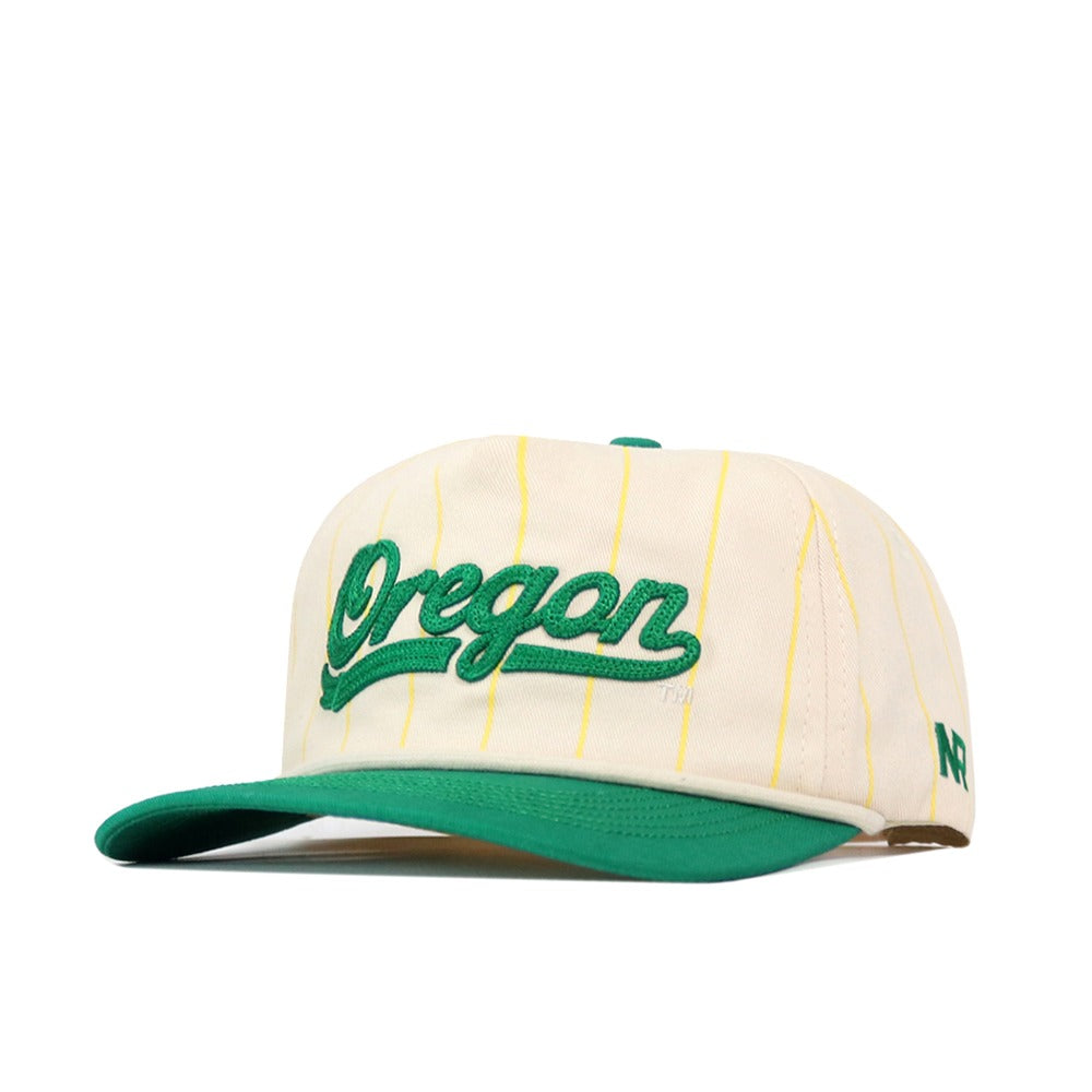 The No Rivals Oregon Pinstripe Hat features thin yellow stripes on cream, "Oregon" in green script embroidery, a bright green bill, and a classic snapback closure.