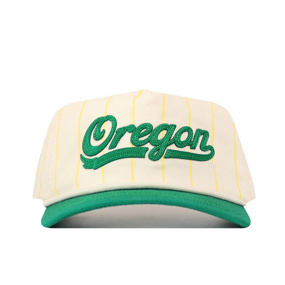 The Oregon Pinstripe Hat by No Rivals features thin yellow stripes, a green brim, "Oregon" in bold green script on the front, and an embroidered logo.